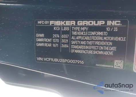 2023 Fisker Inc. Ocean Ultra z USA, uszkodzony, nr VIN VCF1UBU25PG007916